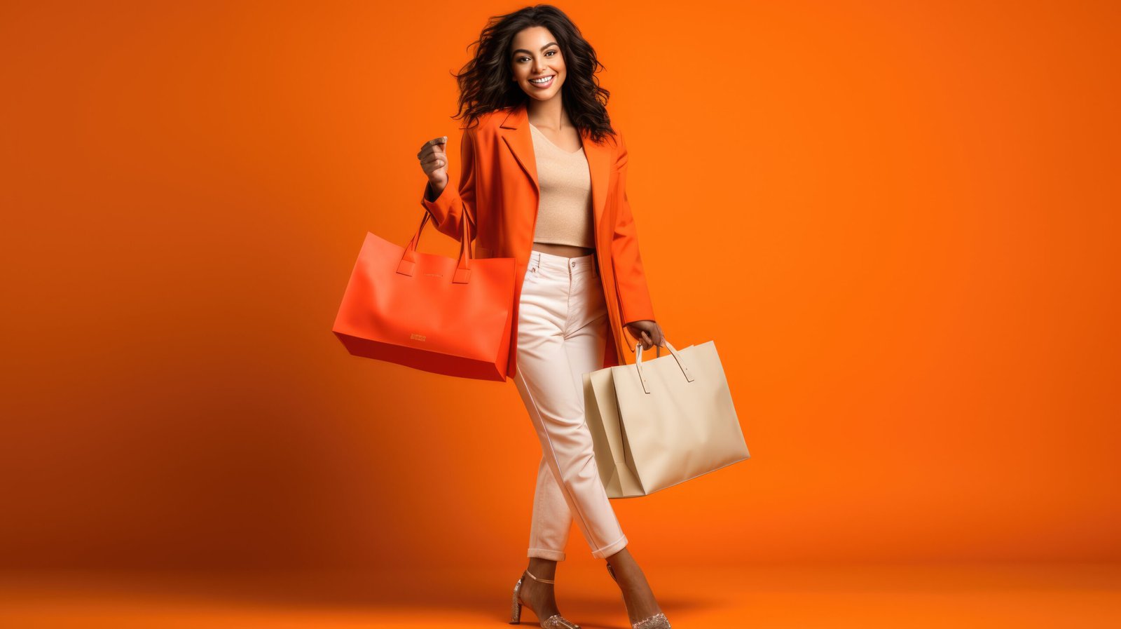 Home beautiful attractive smiling woman holding shopping bags posing on orange background